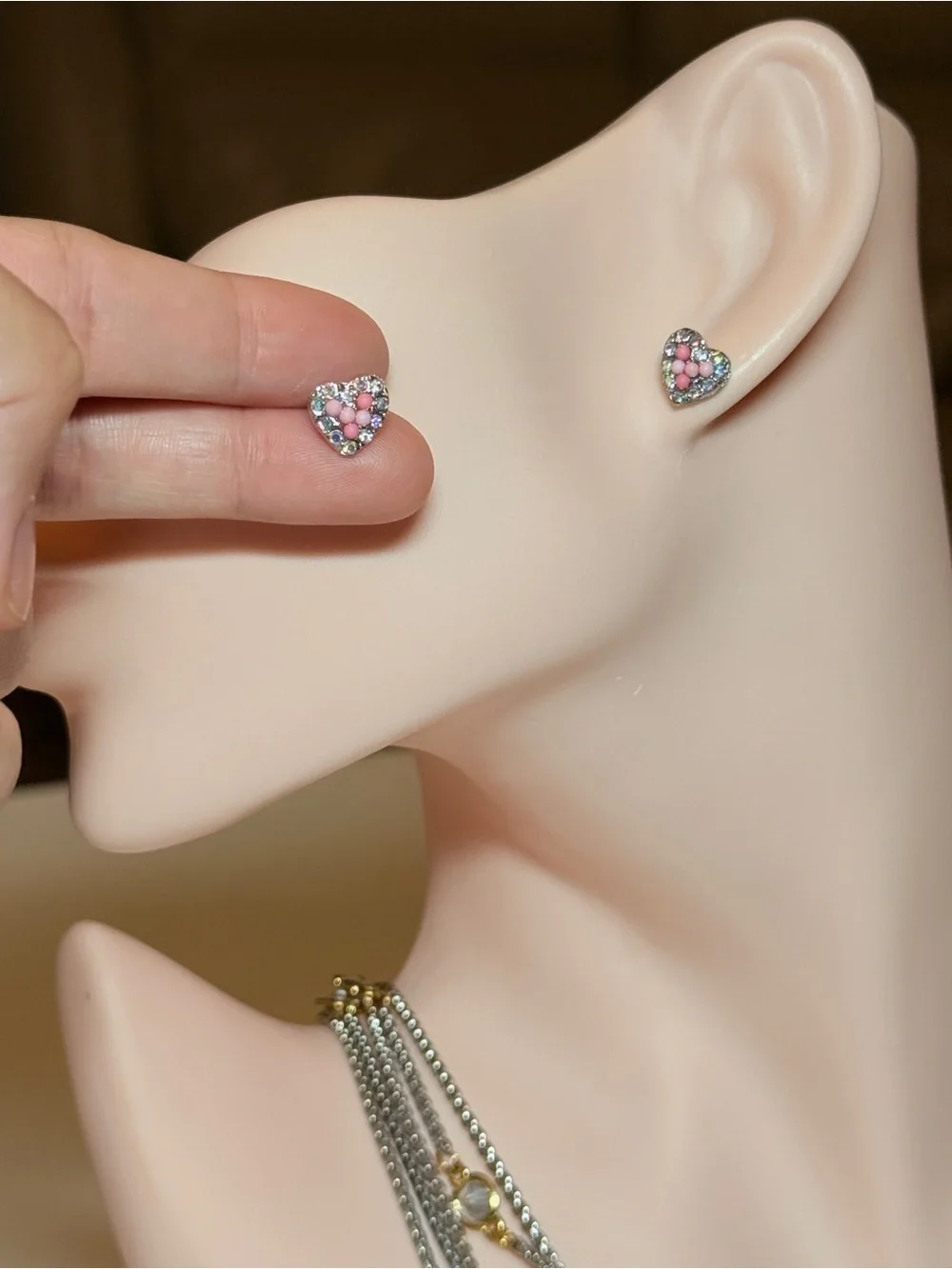 Heart-Shaped Pink Crystal and Beads Stud Earrings - Women Jewelry